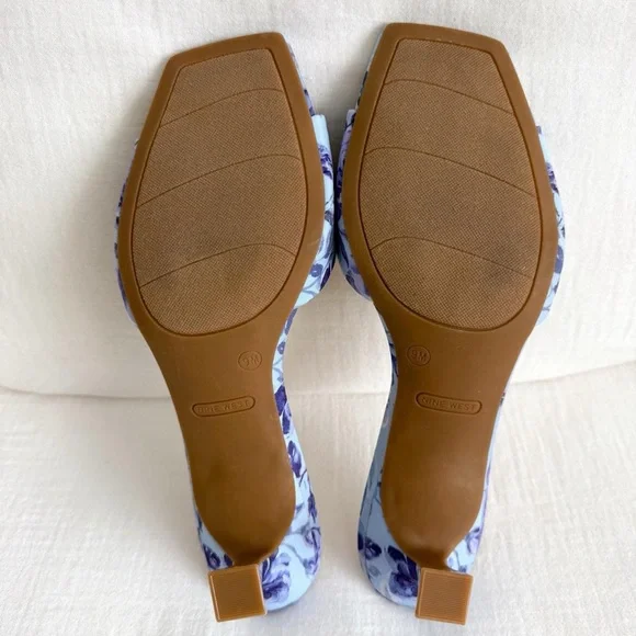 Blue Floral Print Kitten Heel Slide Sandals - Picture 7 of 8